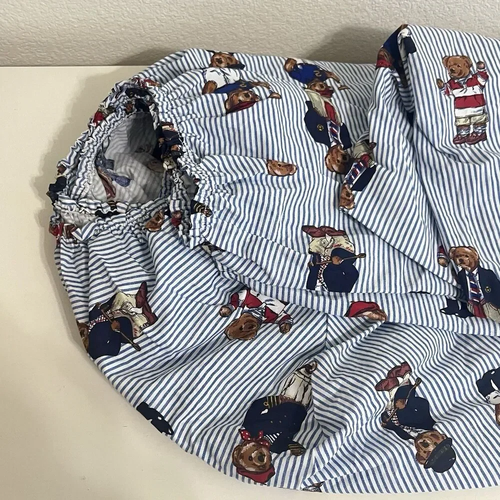 Ralph Lauren Full Fitted Sheet Polo Bears Blue Striped Cotton USA Made